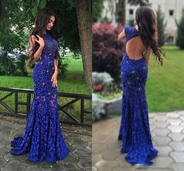Blue Mermaid Royal Evening Dresses Beaded Illusion Lace Sexy Backless Sweep Train Jewel Neck Formal Wear Prom Party Gown