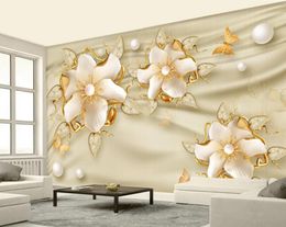 3d luxury golden jewels flower silk Jewellery TV background wall modern living room wallpapers