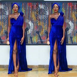 Royal blue Elegant One Shoulder Velvet Mermaid Nigeria Evening Dresses Sexy handmade flower Front split Arabic formal Prom Dress Custom