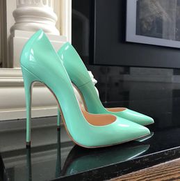 Casual Designer sexy lady women shoes green patent leather Point toe high heel pump Ladies Heels Wedding 12cm 10cm 8cm large size 44