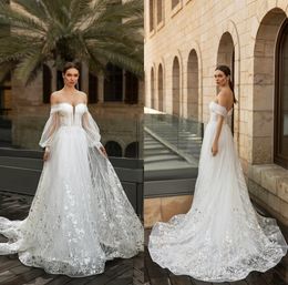 floral aline wedding dresses appliqued sequins custom made offshoulder long sleeves sweep train wedding gown backless ruffle bridal gown