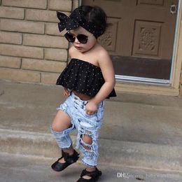 Fashion Kids Clothing Baby Girls Clothes Set 3PCS Dot Wrapped Chest Crop Top +Ripped Hole Jeans Pants+Headband Outfits Casual Clothing Sets