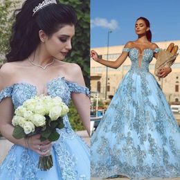 Light Sky Blue Lace Prom Dresses Beaded Off Shoulder Sheer Deep V Neck Appliqued Party Dress Plus Size A Line Evening Gowns