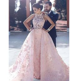 Detachable Train Pink Wedding Dresses Bridal Gowns Nigerian Lace Beaded High Neck Draped African Women Party Special Occasion Dress Long