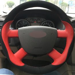 DIY Hand-stitched Car Steering Wheel Cover Black Suede Red Leather for Ford Focus 2 2005-2011