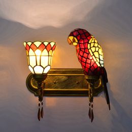 European retro parrot wall lamp Tiffany stained glass American pastoral hotel living room bedroom bedside double head crystal wall lampTF090