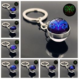 12 Constellation Luminous Key Chain Time Gem Double-sided Crystal Glass Ball Charm Keyring Keychain Creative Couple Bag Car Key Jewellery Gift