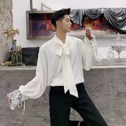 Fashion Streetwear Men Sequin Long Sleeve Shirt Male Casual Loose Tie Bow Collar Black White Party Dress Shirt Stage Clothes
