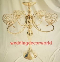 Tall 5-arms Metal Gold Crystal Candle Holder Wedding Candelabra Table Centrepiece Event Road Lead Candle Stand decor0085