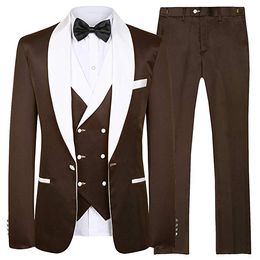 Custom Made Groomsmen Brown Groom Tuxedos Shawl White Lapel Men Suits Wedding Best Man Bridegroom (Jacket + Pants + Vest + Tie) L248