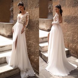 Sech Cheap Chiffon Beach A Line Wedding Dresses Lace Backless Sheer V Neck Long Sleeves Side Split Wedding Bridal Gowns robe de mariée