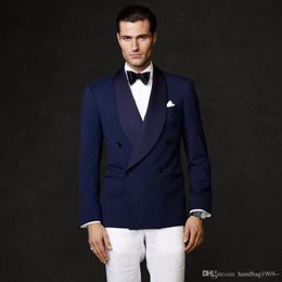 New Arrivals Double Breasted Blue Groom Tuxedos Shawl Lapel Groomsmen Best Man Blazer Mens Wedding Suits (Jacket+Pants+Tie) D:88