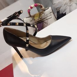 Hot Sale-2019 Designer women high heels party fashion rivets girls sexy pointed shoes Dance wedding shoes ankle straps sandals Women Sandals