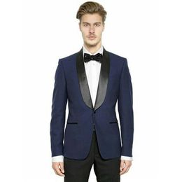 Classic One Button Navy Blue Groom Tuxedos Shawl Lapel Men Suits 2 pieces Wedding/Prom/Dinner Blazer (Jacket+Pants+Tie) W907