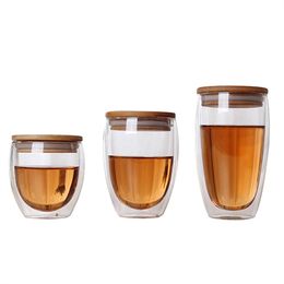Hot sales Double Glass Cup Coffee Mugs Tea Cup Transparent Heat-resistant Glass Cups With Bamboo Insulation Cup Lid Creative