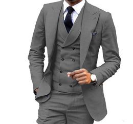 New Custom Made One Button Gray Wedding Groom Tuxedos Peak Lapel Groomsmen Mens Business Party Suits (Jacket+Pants+Vest+Tie) 589