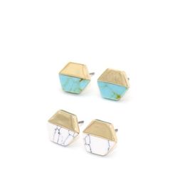 Vintage Gold Color hexagon White Green Turquoise Marble earrings Natural Stone Stud Earrings Jewelry For Women YD0257