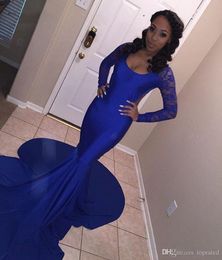 Sexy Royal Blue Mermaid Prom Dresses With Lace Long Sleeve African Black Girls Open Back Sweep Train Party Evening Gowns Custom Made