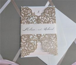Laser Cut Invite for Wedding, Glitter Rose Gold Wedding Invitations with Belly Band Free Printing