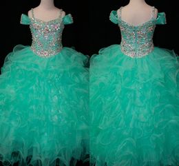 Crystals Mint Green Flower Girls Dresses Long Little Girl's Pageant Toddler Kids For Girl Infant Cheap Glitz Communion Prom B2361