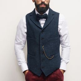 Dark Blue Wool Groom Vests Formal Business Wear For Men Suit British Style With Chains Slim Fit Wedding Waistcoat