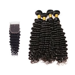 Brazilian Deep wave Hair Weaves 3 Bundles with Closure Free Middle 3 Part Double Weft Human Hair Extensions