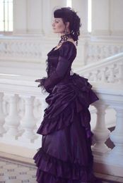 Victorian Gothic Purple Wedding Dresses Retro Royal House Ball Duchess Wedding Gowns Long Sleeves Lace Ruched Renaissance Aristocracy Dress