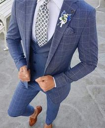 Hot Selling One Button Blue Plaid Groom Tuxedos Notch Lapel Groomsmen Wedding Business Prom Suits Two Pieces (Jacket+Pant+Vest)