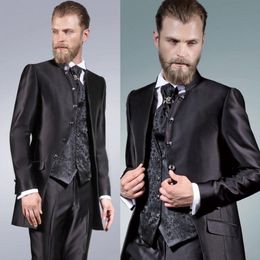 Handsome Single breasted Groomsmen Mandarin Lapel Groom Tuxedos Men Suits Wedding/Prom/Dinner Best Man Blazer(Jacket+Pants+Tie+Vest) A226