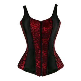 Caudatus Flower Lace Up Corsets For Women Zipper Shoulder Strap Bustier Corset Overbust Sexy Lingerie Style Brocade Red Purple J190701