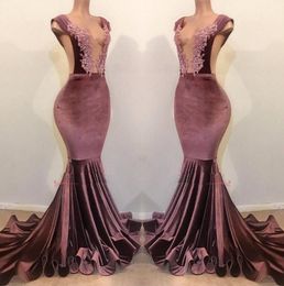 2019 Spaghetti Straps Velvet Mermaid Long Prom Dresses Lace Applique Ruffles Sweep Train Party Evening Gowns BC1199