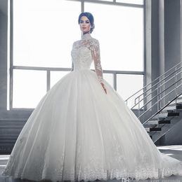 Made High Collar Sheer Long Sleeves Lace Ball Gowns Wedding Dresses Vintage Applique Lace Tulle Bridal Gowns Vestidos De Noiva Custom DH4177