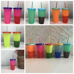 Plastic Temperature Change Color Cups Colorful Cold Water Color Changing Coffee Cup Mug Water Bottles With Straws ZZA2057 250PcsN