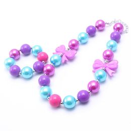 Purple Bow Chunky Necklace&Bracelet Set Fashion Purple+Blue Beads Children Girl Toddler Bubblegum Chunky Bead Necklace Jewellery Set