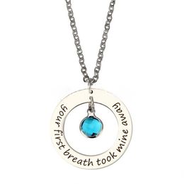 Fashion Simple Stainless Steel Necklace 'Your first breath took mine away 'Blue crystal Pendant Silver Necklace