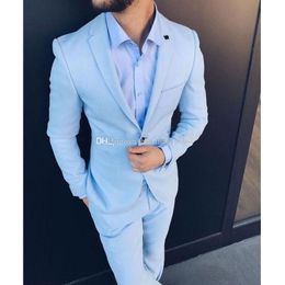 Classic Style One Button Light Blue Groom Tuxedos Notch Lapel Groomsmen Mens Suits Wedding/Prom/Dinner Blazer (Jacket+Pants+Tie) K442