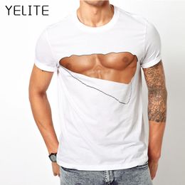 YELITE Funny Chest T Shirt Abdominal Muscle Cotton T Shirt Mens Short Sleeve White T-shirts Summer Tee Boy Hip Hop Tshirt Tops