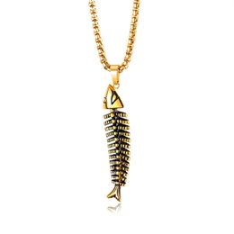 New fashion hip hop design stylish cool titanium steel men fish bone pendant necklace 70cm chain