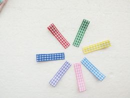 100pcs 45mm gingham plaid ribbon lined covered double prong alligator hair clip single Pronged clip girls hair bow flower Accessories FJ3204