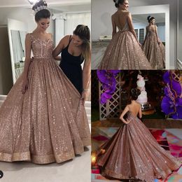 -Sparkly Rose Gold Sequins Prom Dresses 2020 Lusso Backless Beaded Crystals Ruffles Gonna Puffy Abito da sera Abito abito Robe de Soiree