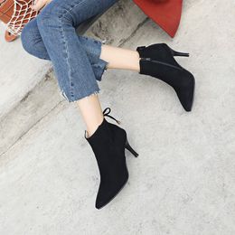 Hot Sale-Women's Pointed Stiletto Shoes Lace-Up Bow Ankle Boots Side Zipper Ladies Boots Shoes Woman zapatos de mujer Plus Size 35~43