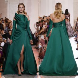 Ellie Saab Hunter Side Split Evening Dresses Strapless Neck Long Sleeves A Line Prom Gown Sweep Train Satin Formal Dress