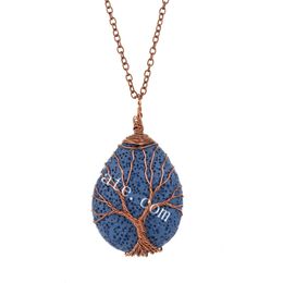 10Pcs Essential Oil Lava Stone Diffuser Necklace Copper Wire Wrapped Water Drop Volcanic Rock Tree of Life Aromatherapy Pendant Necklace