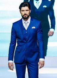 Classic Design Royal Blue Groom Tuxedos Notch Lapel Two Button Groomsmen Mens Wedding Dress Excellent Man Suits(Jacket+Pants+Vest+Tie) 368