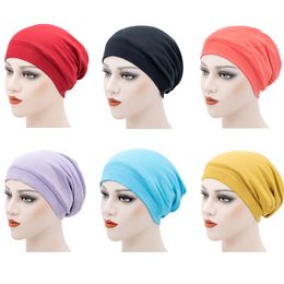 Women Hair Care Cotton Satin Solid Colour Caps Night Sleep Hat Head Wrap Elastic Soft Bonnet Headwear