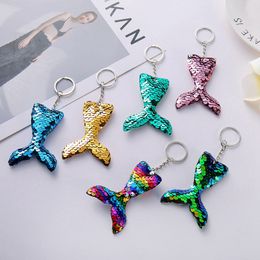 Hot sell women sequin keychain fish tail mermaid glitter keyring ladies bag pendant Keychains free shipping