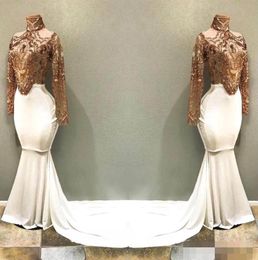 High Gold White Neck Prom Dresses Sweep Train Appliqued Sequined Mermaid Long Sleeves Evening Party Ball Gown Custom Made Vestido