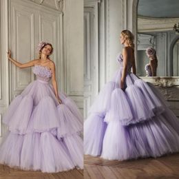 Luxury Purple Ball Gown Prom Dresses Ruffles Tiered Tulle Strapless Evening Dress Party Wear Formal Dress Evening Gowns Vestidos Robe