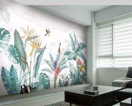 beibehang wallpaper Nordic hand painted bedroom wall tropical plants flowers and birds background mural wallpaper for kids room