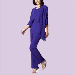 Purple Chiffon Mother Of The Bride Pant Suits Plus Size With Jacket Ankle Length 3 Pieces Formal Evening Dresses Long Sleeves Mother's Suits